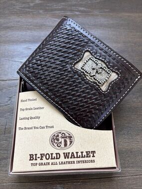 3D Belt Co. Top Grain tooled leather, 
metal cross on hair hide,bi-fold,Western